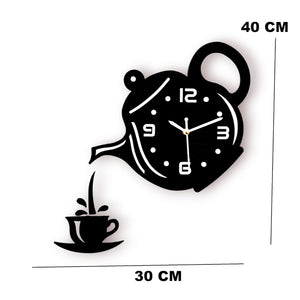 Wooden Kitchen Wall Clock with Coffee Cup and Kettle Design Stylish Home Decor