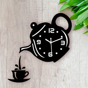 Wooden Kitchen Wall Clock with Coffee Cup and Kettle Design Stylish Home Decor