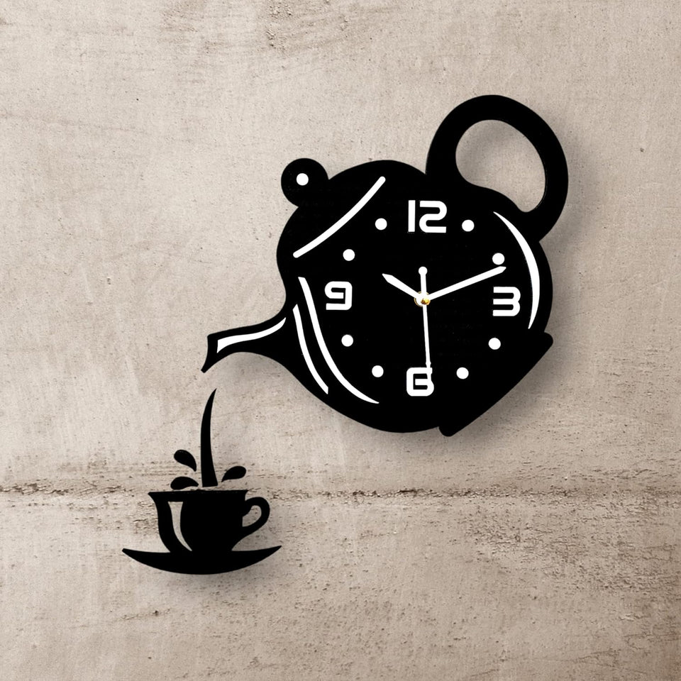 Wooden Kitchen Wall Clock with Coffee Cup and Kettle Design Stylish Home Decor