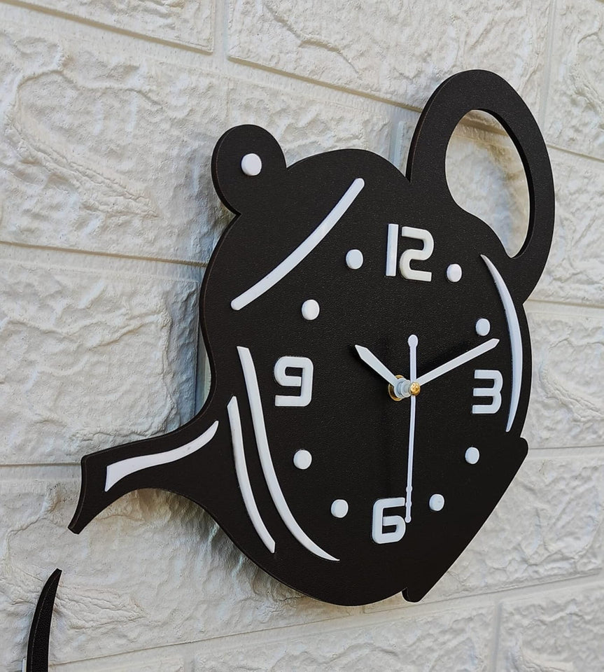 Wooden Kitchen Wall Clock with Coffee Cup and Kettle Design Stylish Home Decor